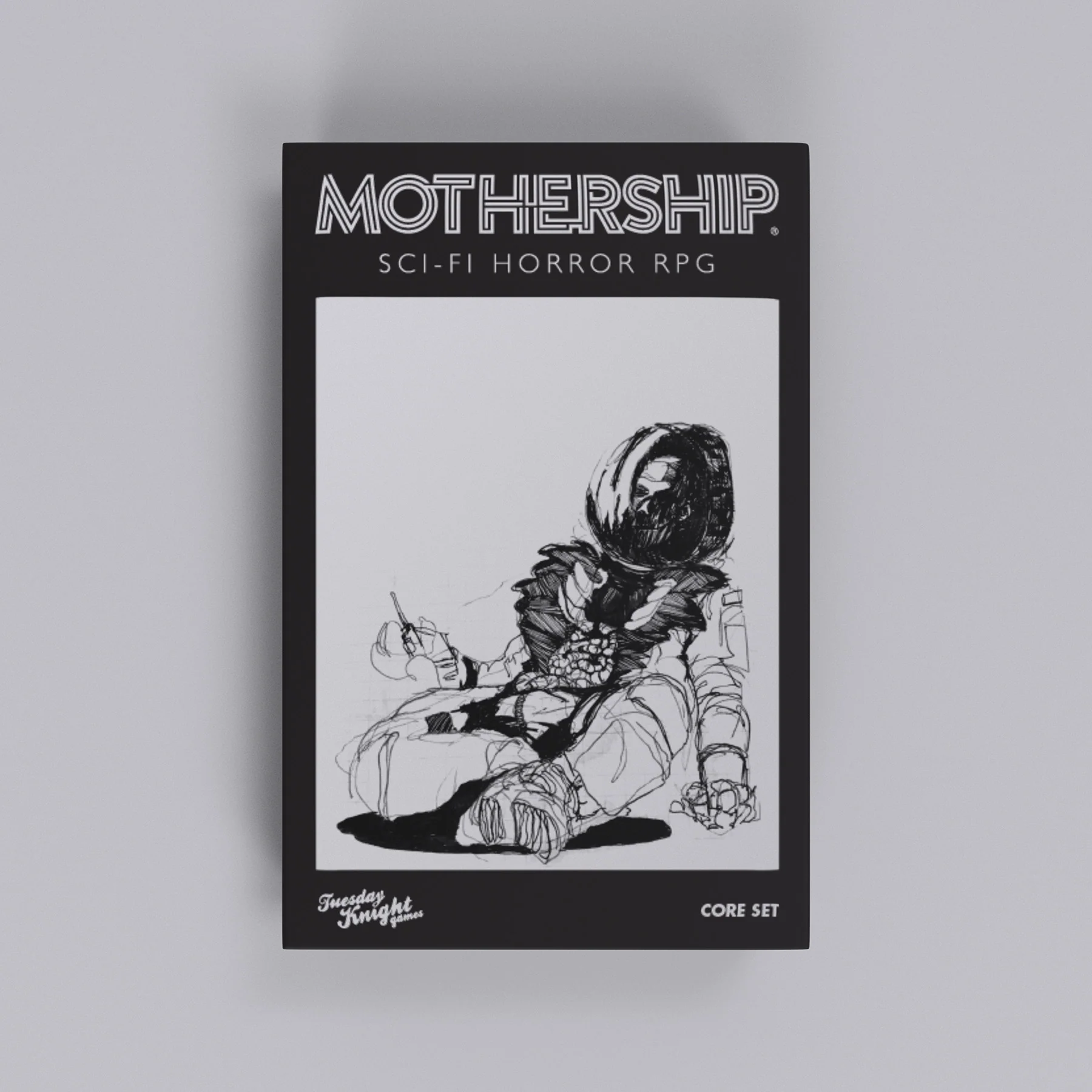 Cover for Mothership, a sci-fi horror rpg. It's in black and white, and it has a sketch of a person in a space suit with their torso ripped open.