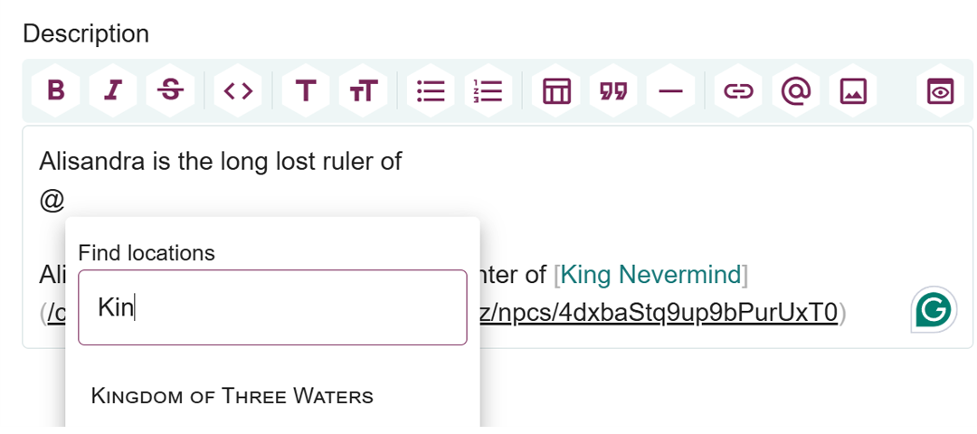 Close-up of the mentions system within a rich text editor showing the lore search dialog presented after typing an `@`. The example search is filtering locations by name. 