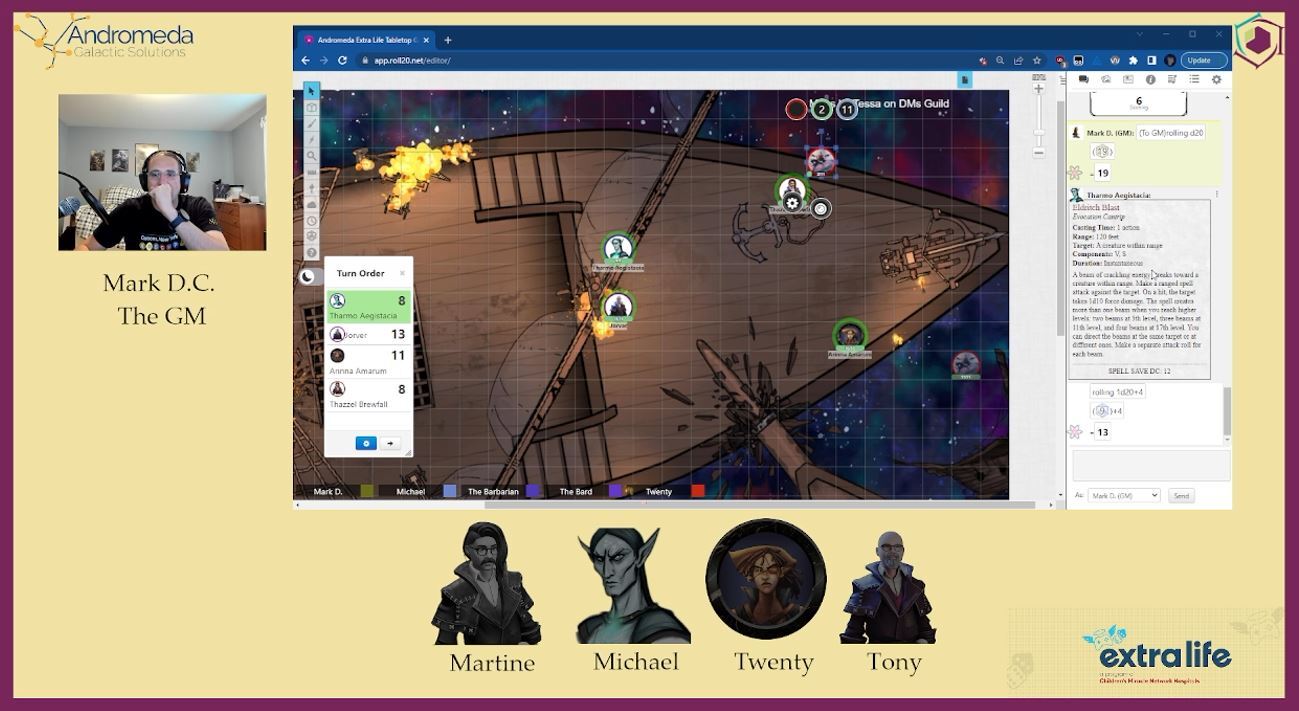 An image from a live stream showing Mark GMing the Spelljammer 5e introduction adventure for four players