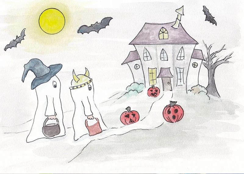 Artwork of a Halloween scene. In the foreground are two characters carrying treat bags dressed as ghosts. One is in a wizard's hat, and one a barbarian helmet. They're going up a path lined with some jack-o-lanterns, leading to a creepy looking house. There is a full moon in the sky, and bats flying overhead.