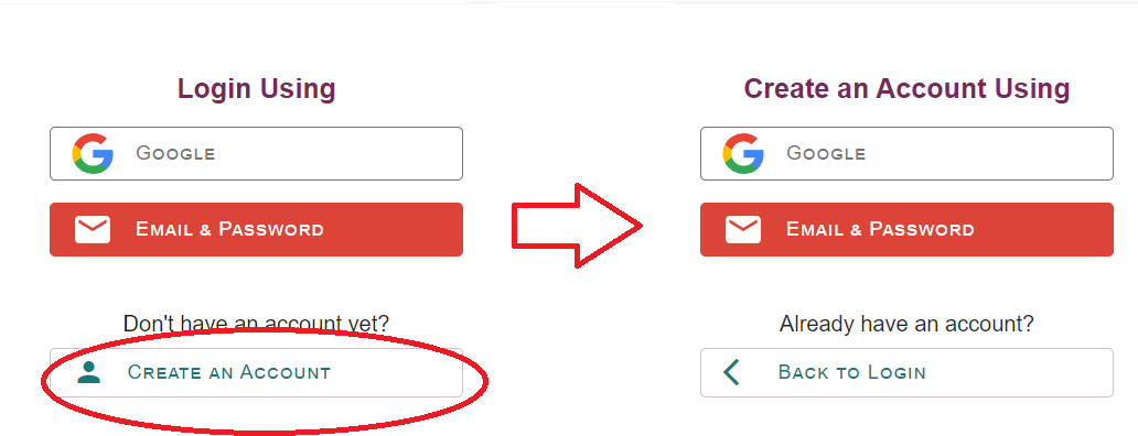 Snippet of fa screen showing where a new user can create an account on Lore Link