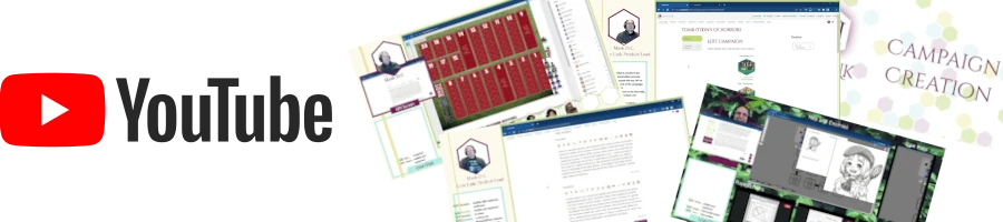 Youtube Youtube logo and screenshots of a small sampling of available videos on the channel (instructional, session pre, and game play).