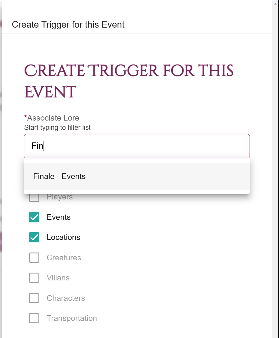 Snip of Lore Link showing how to create and attach a trigger to an event.
