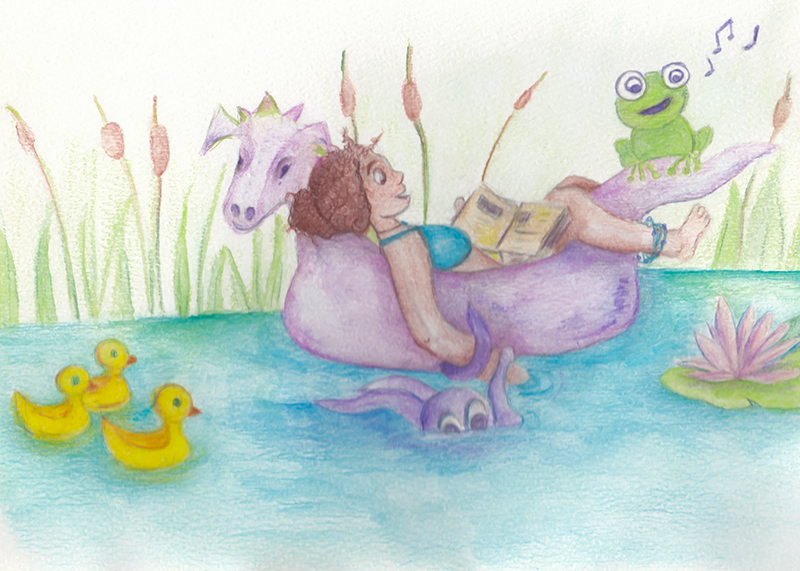 Image of Wendy floating on a dragon while relaxing in a pond with a frog, ducks, and an octopus. 