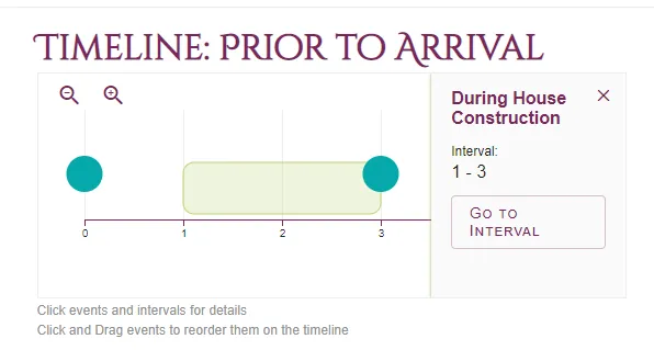 An image of an time line (called Prior to Arrival), showing two events and interval which is shown (via a section on the right) to define a period of time called "During House Construction"