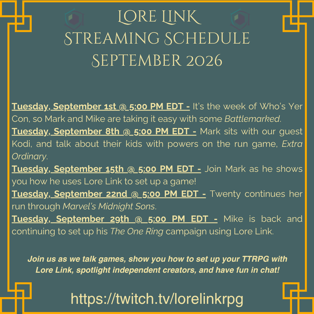 TwitchSchedule202909 A graphic showing the information outlined below.