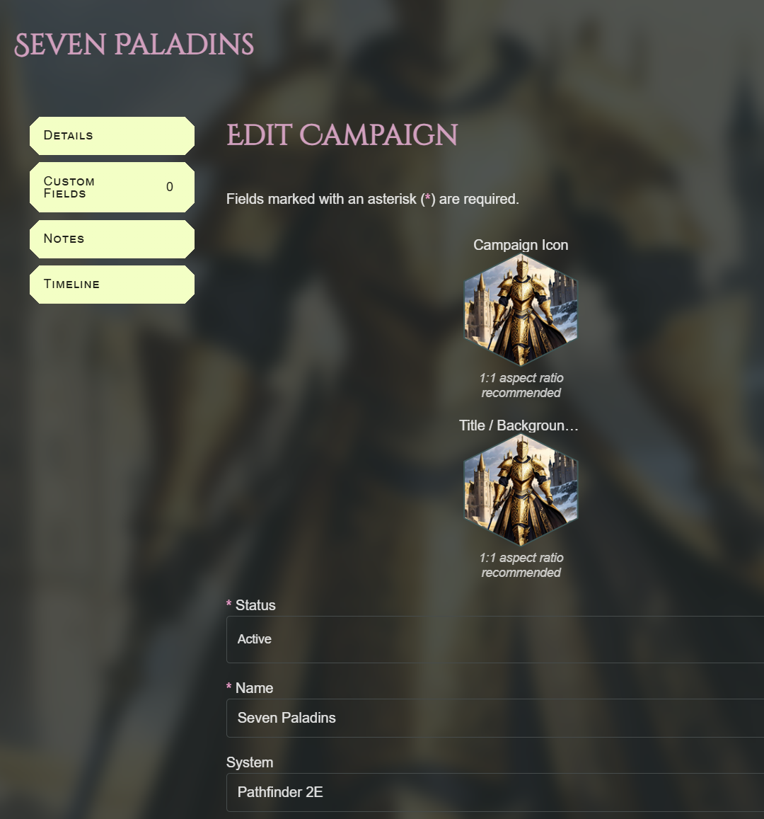 Edit Campaign screen showing campaign icon, title image, status, name, and system.