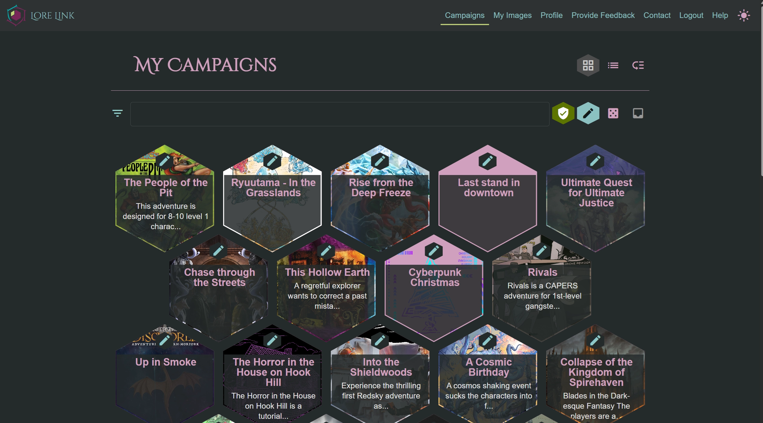 The "My Campaigns" page, showing the new dark mode.