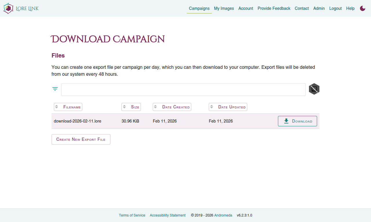 Screenshot of the Download Campaign screen showing an export file available for download.