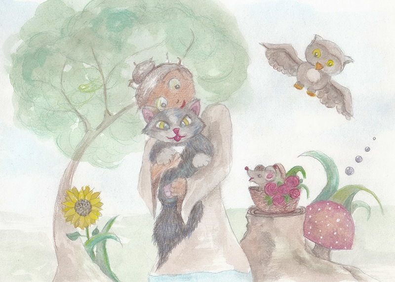 Art of a female druid hugging a cat They're surrounded by nature and other animals, like an owl and a mouse.
