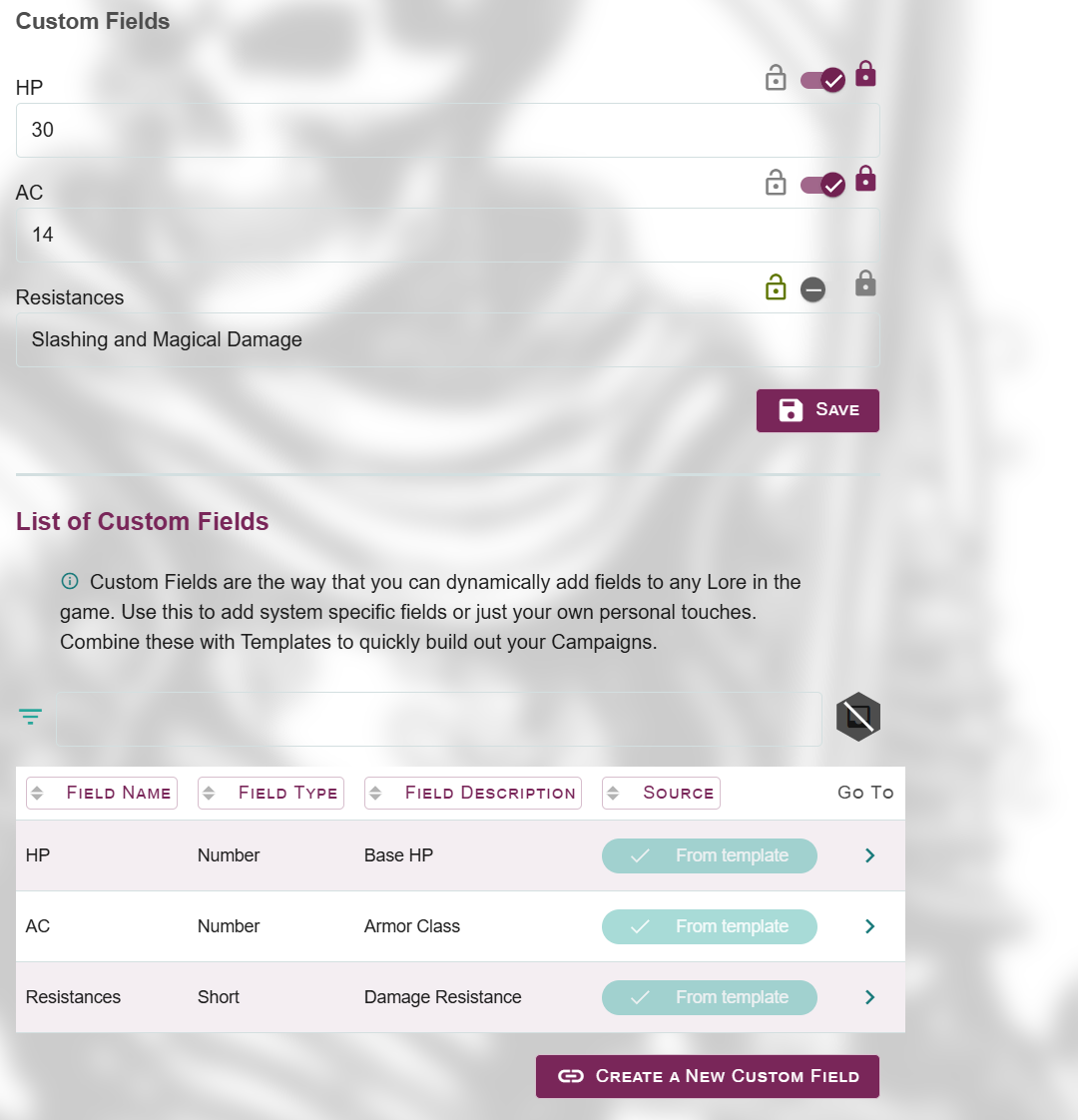 Template showing the creation of custom fields of different types including numeric and short text, with values being added for these fields within the template. Example shows HP as Base HP with a value of 30, AC for Armor Class with a value of 14, and Resistances to Slashing and Magical Damage.
