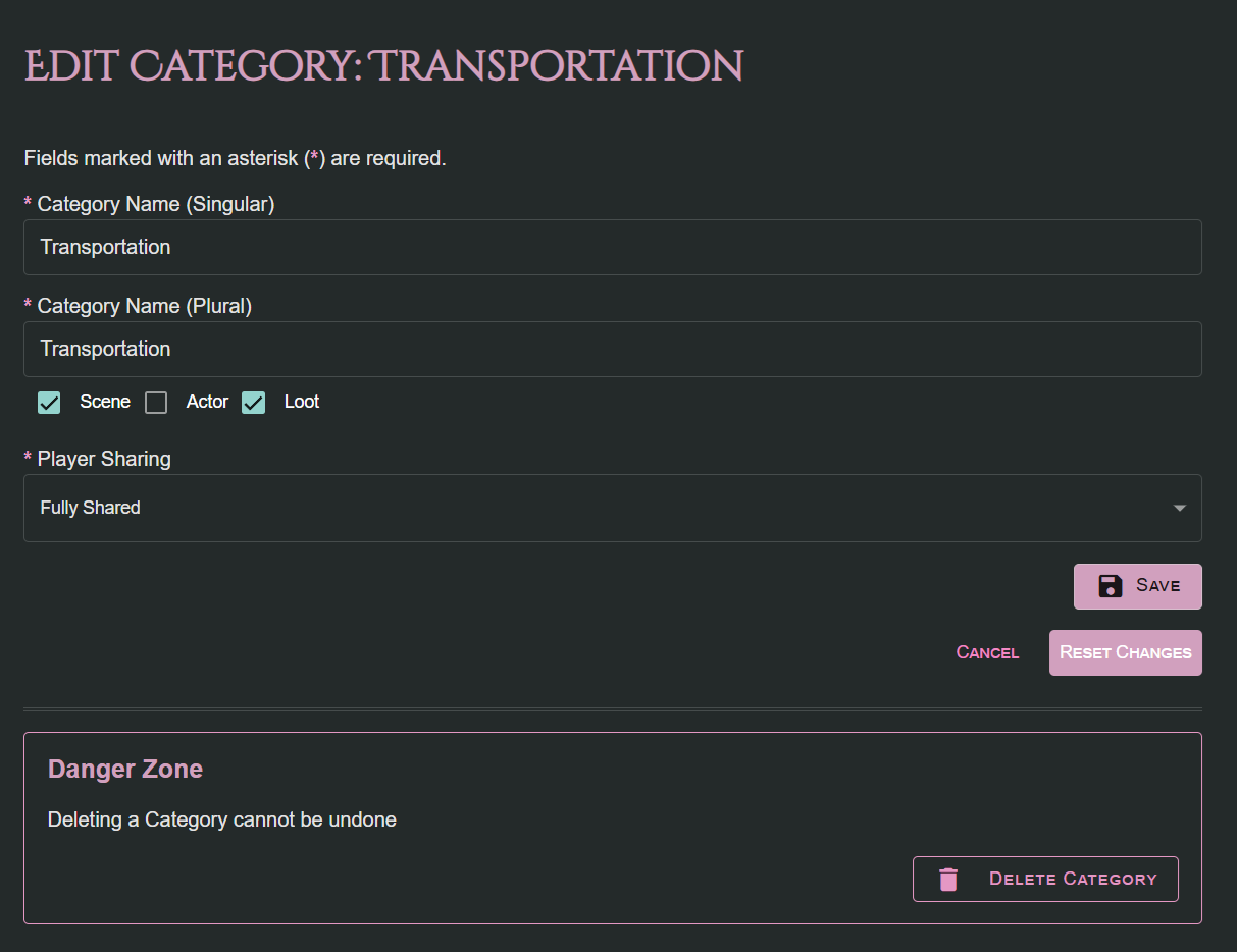 A screenshot from the Lore Link application, showing the user how they can define Categories. The first two fields are Category Name (Singular) and Category Name (Plural), which both state Transportation. Beneath that are a series of three checkboxes named Scene, Actor, and Loot.  Beneath that is a Player Sharing field, currently set to Not Shared