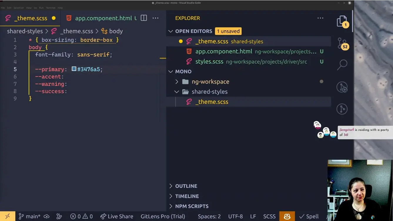 A screenshot of a Twitch stream where Martine works on editing a CSS file.