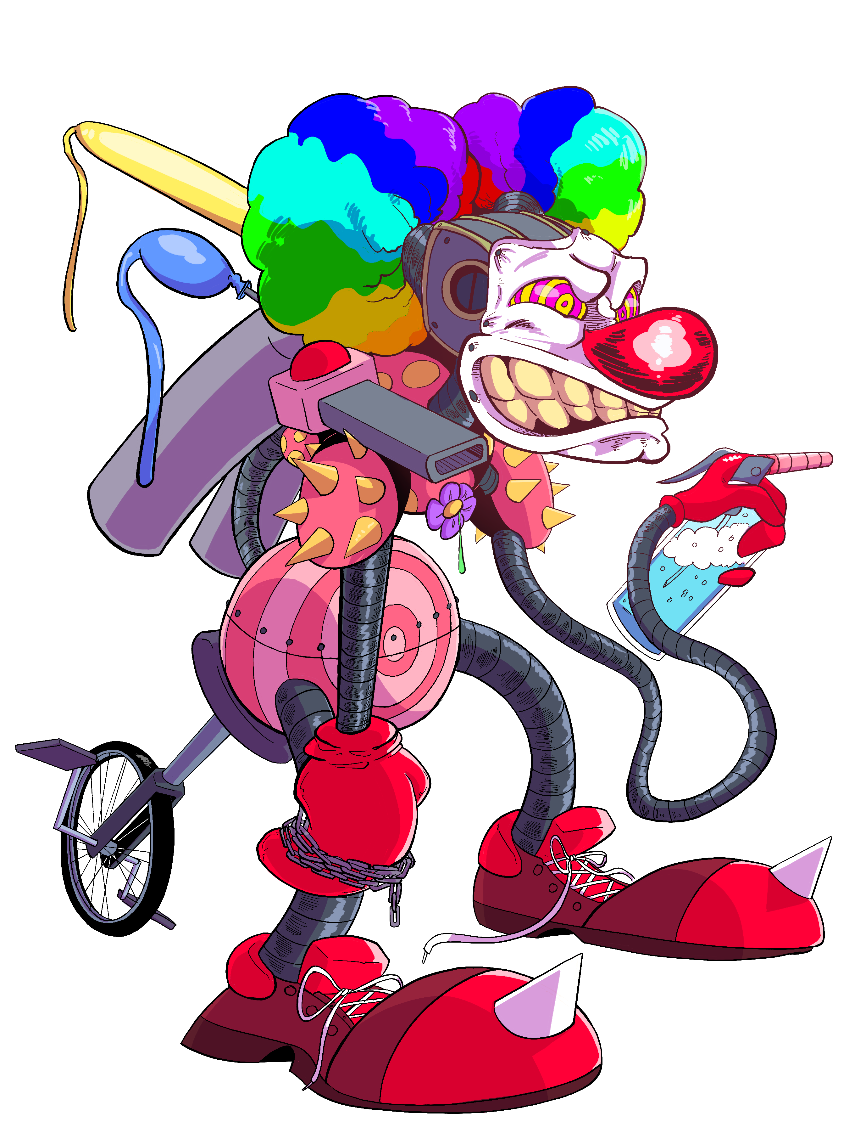 A mech in the shape of a clown. There is a lot going on here. It has a rainbow colored "wig" with a pale face bolted to the front of the head. Coming out the back are halfway filled balloons. It has spiked shoulder pads, a squirting flower on its chest, and metallic long cable arms and legs. Coming out of the tack is a unicycle.