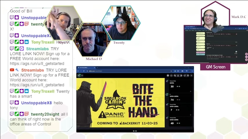The actual play screen for Bite the Hand. Mark is in the top right, smiling, as Twenty and Michael look concerned as Alex shows how his detached hand is walking like a spider.