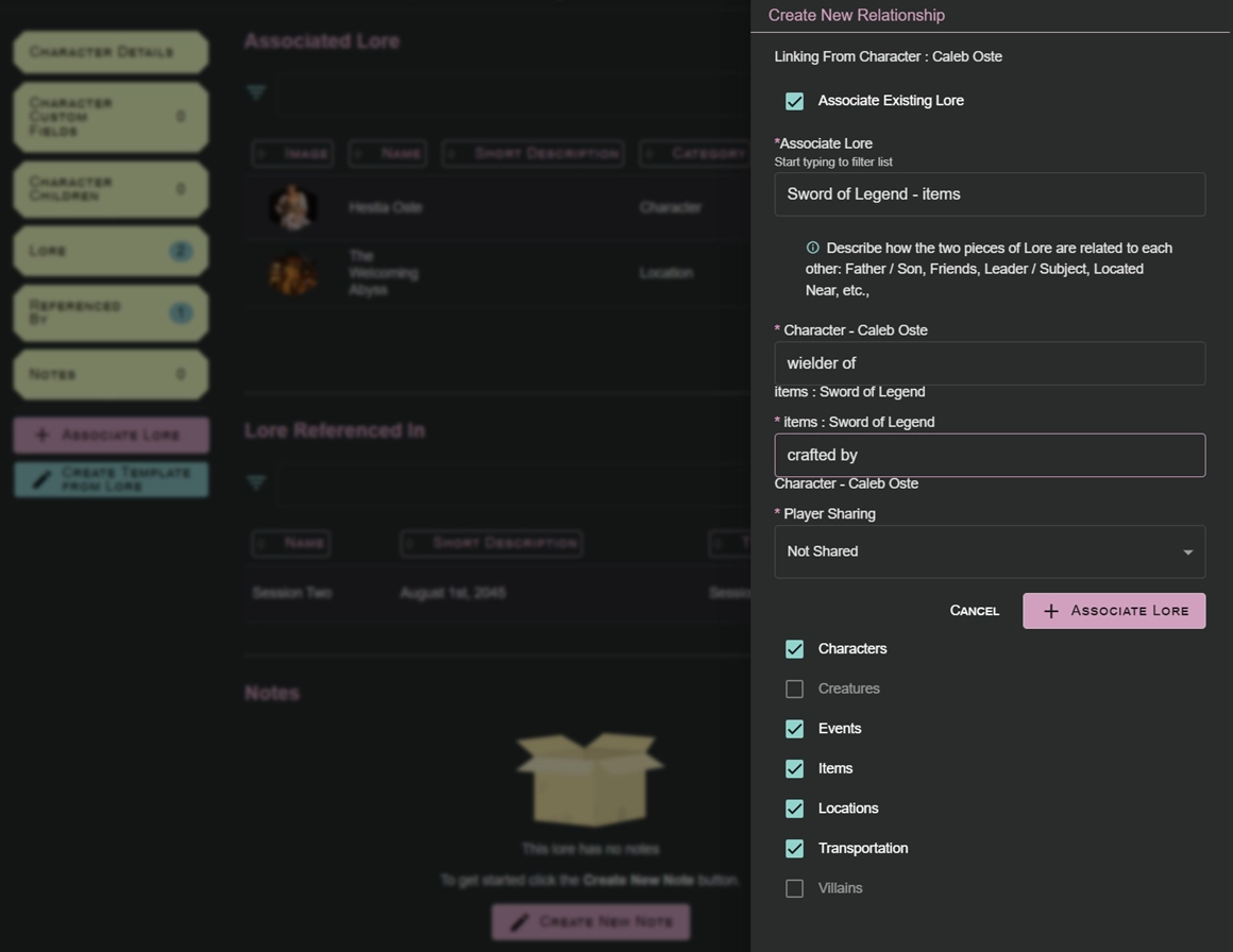 A snip of Lore Link showing how you can associate Existing Lore to a new character.