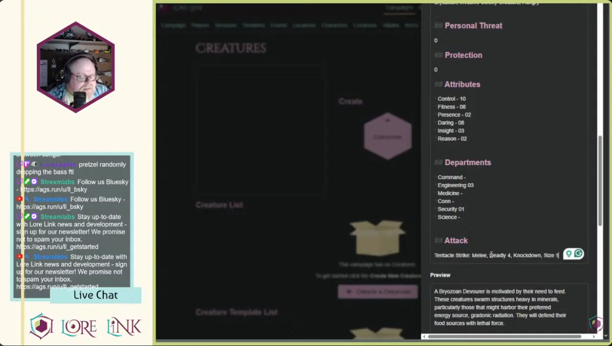 Tony on the Twitch stream, adding a creature in to Lore Link.