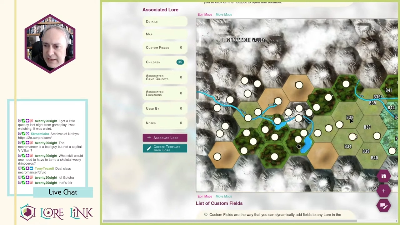 Screen capture of Mike setting up his Frozen Flame adventure in Lore Link. The scene shows a map with associated Lore.