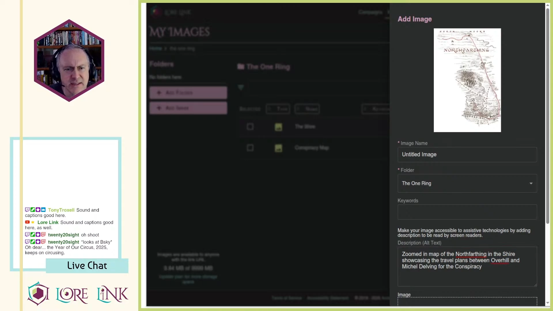 Mike on our Twitch stream, adding a map image to his The One Ring game.