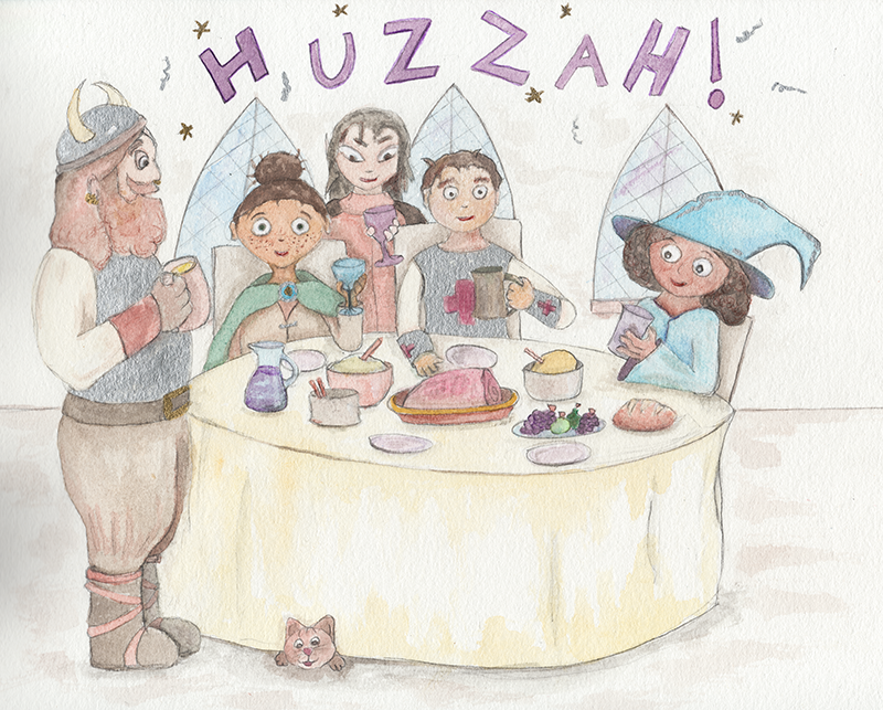 A group of adventurers, gathered around a table full of food and drink, shouting "HUZZAH!"
