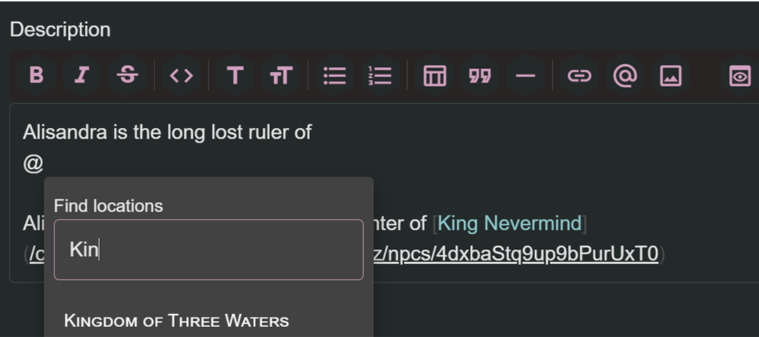 Close-up of the mentions system within a rich text editor showing the lore search dialog presented after typing an `@`. The example search is filtering locations by name. 