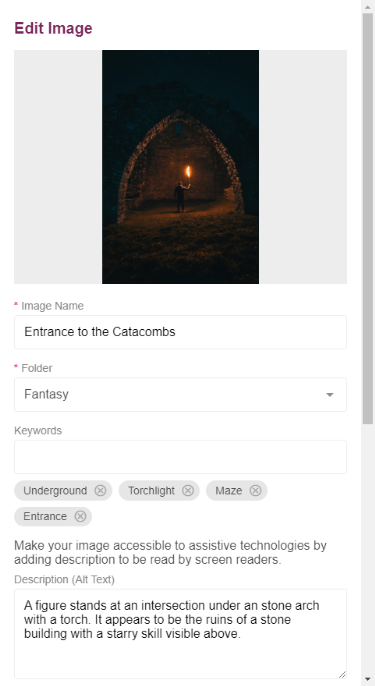 A screen cap showing the Edit Image screen, including image name, folder, keywords, and the ability to add alt text.
