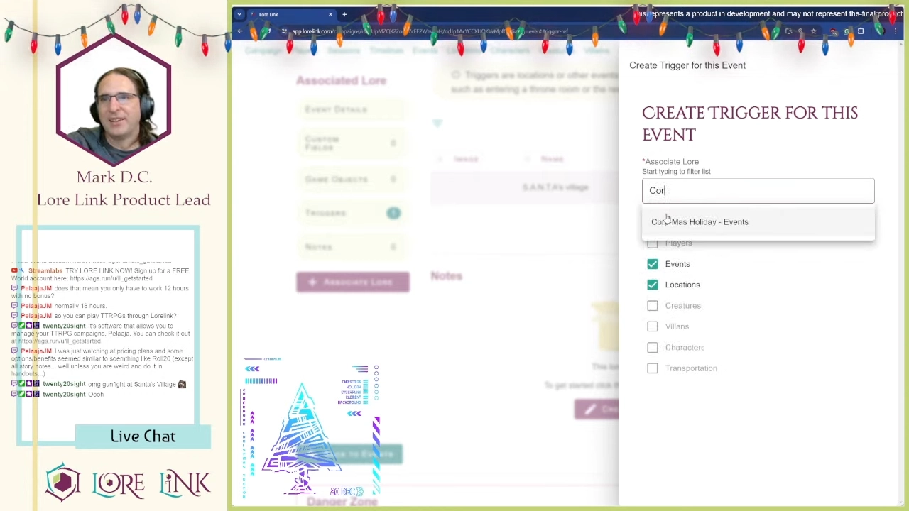 Capture of Mark adding a cyberpunk game into Lore Link. It's "Christmas" because there's a neon tree as the image.