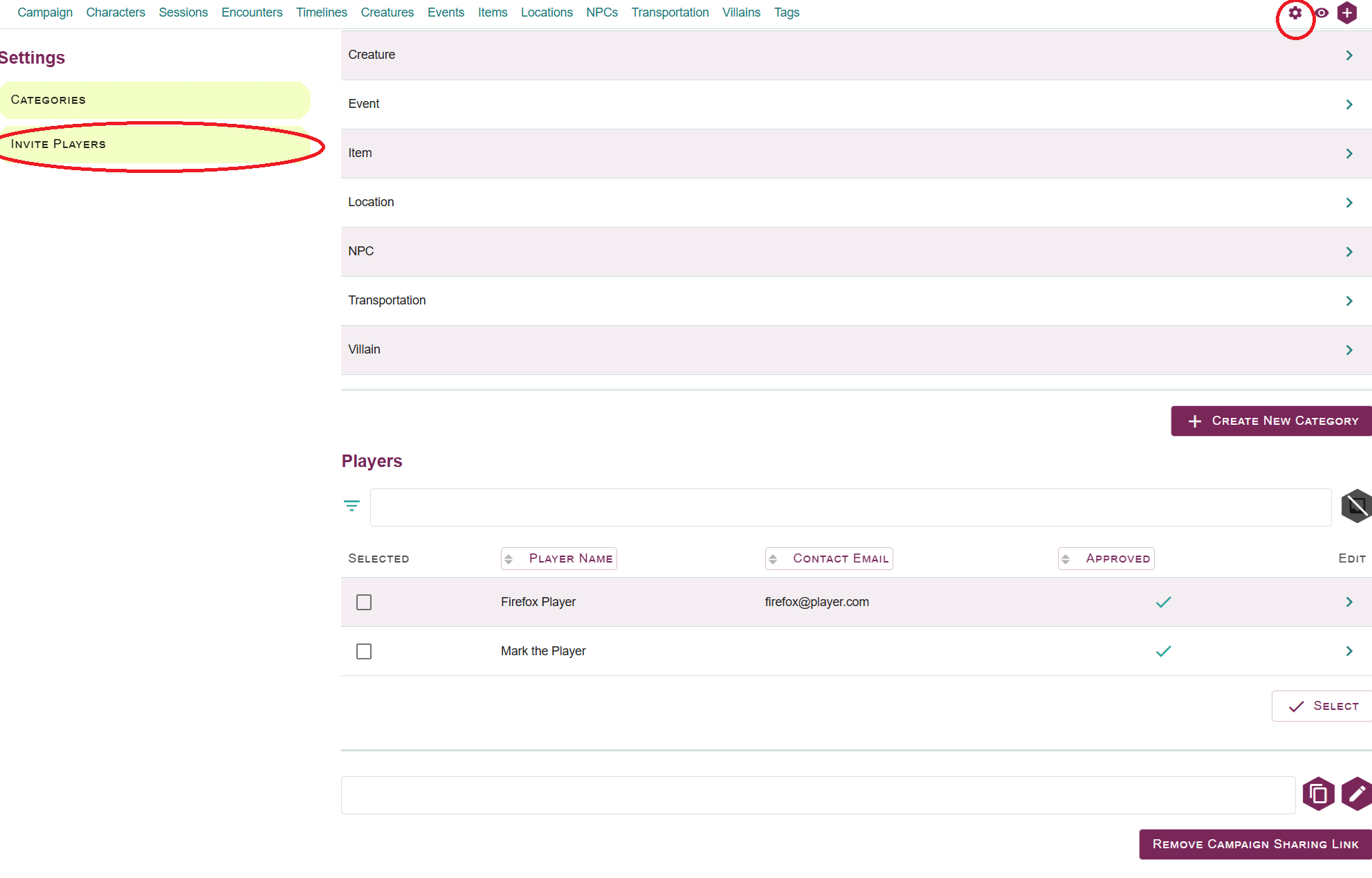Player Sharing Location A screenshot of the Lore Link Application is shown. The user is in the Campaign Settings area, accessed by clicking the gear circled in red in the upper right hand corner of the screen. The current section of Campaign Settings area is Player, accessible by clicking the Invite Players button on the left hand side of the screen. This button is indicated by a red circle around it as well.