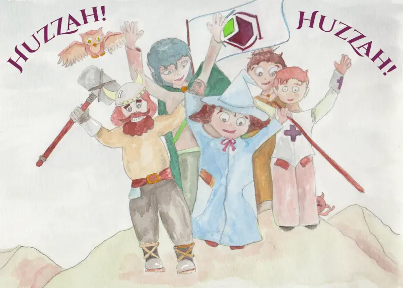 A painting of an adventuring party celebrating, with a Lore Link flag in the background and the cries of "Huzzah!" in the air.
