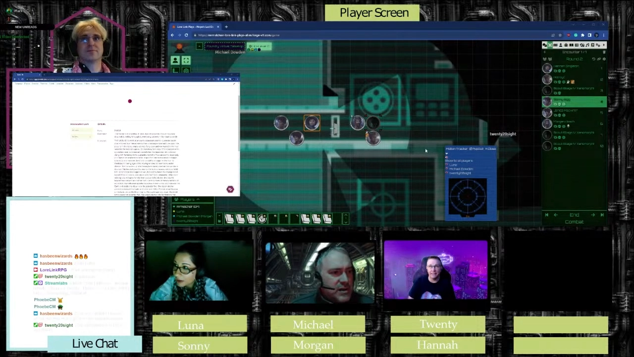A screen capture of the live stream, with Mark in the top left and players across the bottom. It's showing the map where they run into the xenomorph.