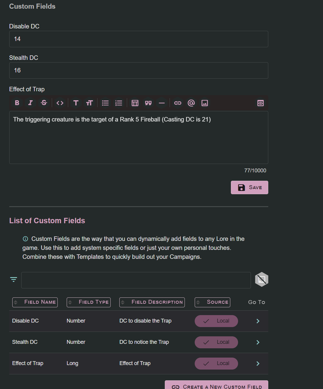 Custom Fields on a lore entry showing both number and long text custom field types. In this example Disable DC, Stealth DC, and Effect of Trap fields are being added to trap lore.