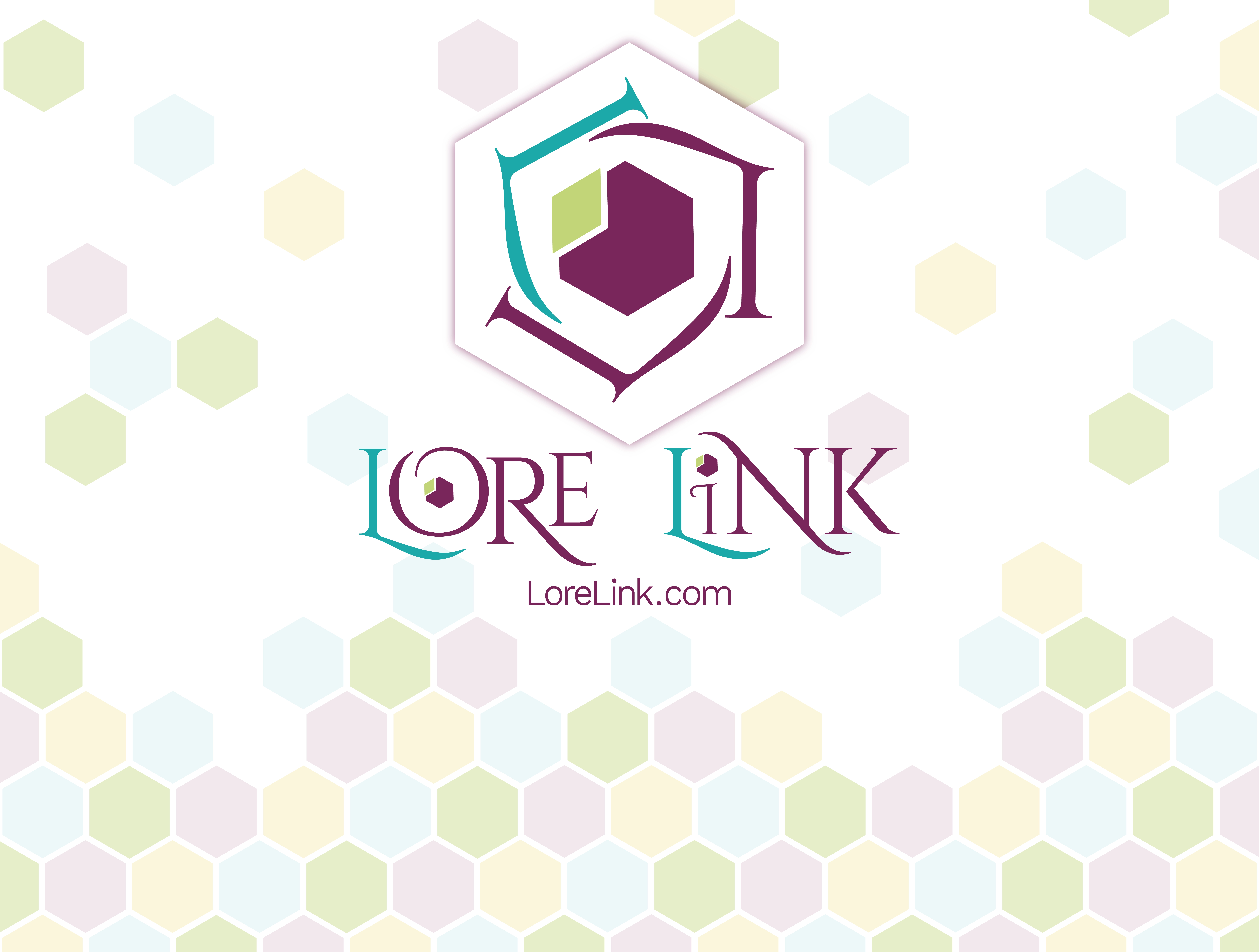 An image of the backdrop for the Lore Link booth. It is the Lore Link Logo and Wordmark as well as the company website: www.lorelink.com as well as multicolored hexes in the background.