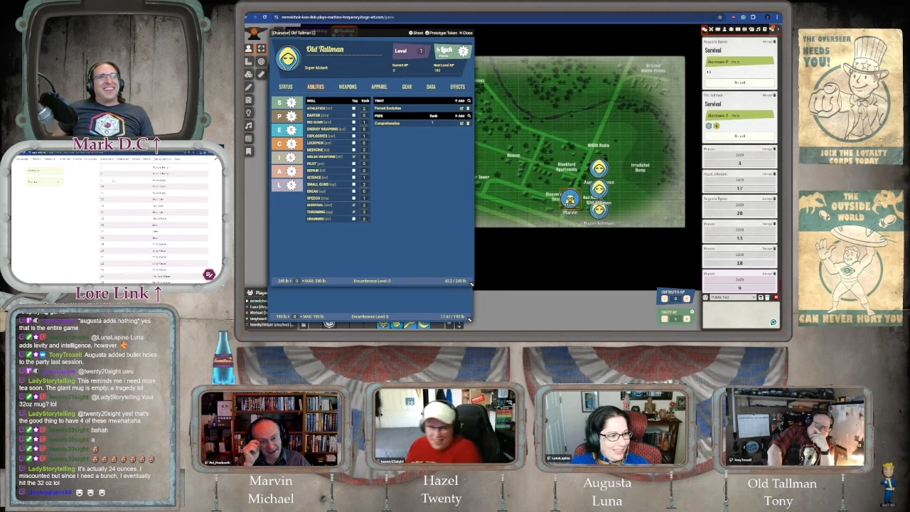 Screenshot of the live-play screen for Fallout on Twitch. Everyone's video window shows them laughing, and laughing pretty hard.