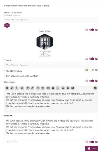 Template Screenshot Screen shot of Villain template, showing an image, name, short description, full description with markdown, and a preview on how it looks.
