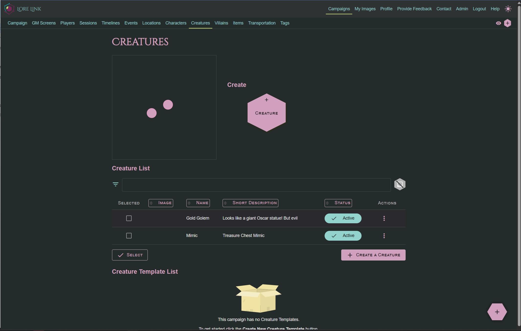 An image showing the Creatures page in dark mode