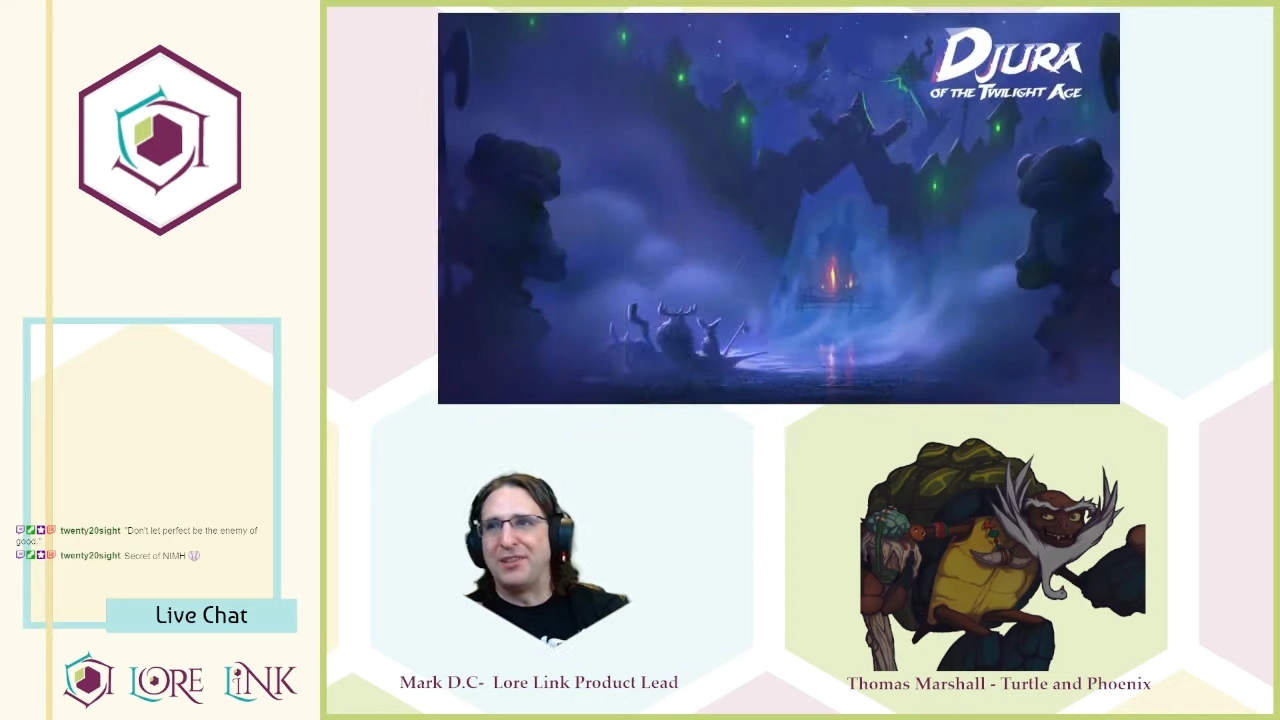 Screen shot of a Lore Link stream with Mark interviewing Thomas Marshall of Turtle and Phoenix. 