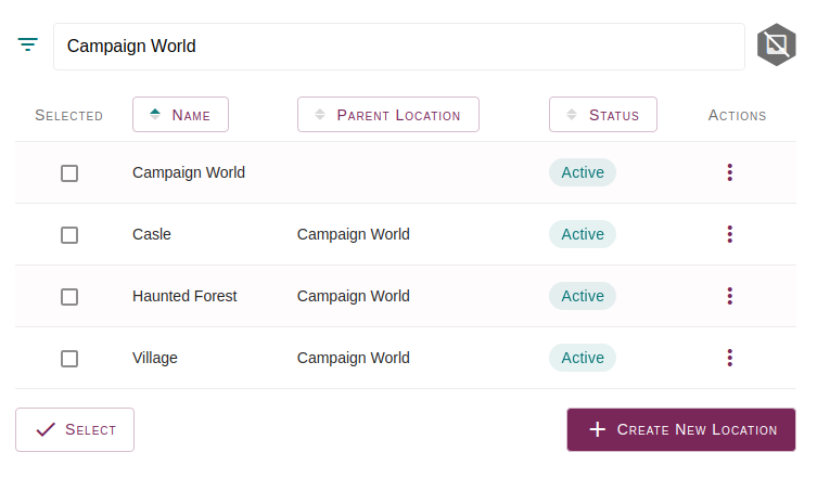 A filter field with the phrase Campaign World is shown. 
A table with a list of locations is shown. The table has headers for "Selected", "Name", "Parent Location", "Status", and "Action". All entries in the table have Campaign World in either the Name or Parent Location . All fields except "Selected" and "Action" have up down arrows indicating the field can be sorted next to them. The Up Arrow next to "Name is Selected", and all entries in the table are sorted  from A to Z.
