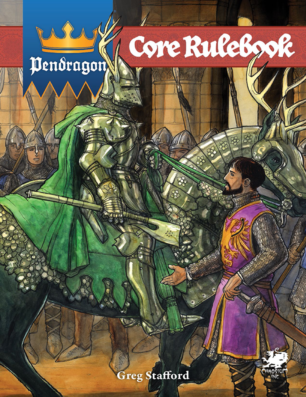 The cover to the Pendragon Core Rulebook by Greg Stafford. It shows art of the Green Knight seated on their steed, clutching an axe, speaking to a knight in a purple tunic standing beside the horse.
