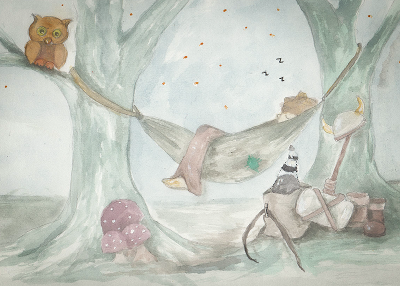 An adventurer asleep in a hammock, their gear stacked beside them. Z's are floating over their head, and there's an owl in the tree, watching over them.
