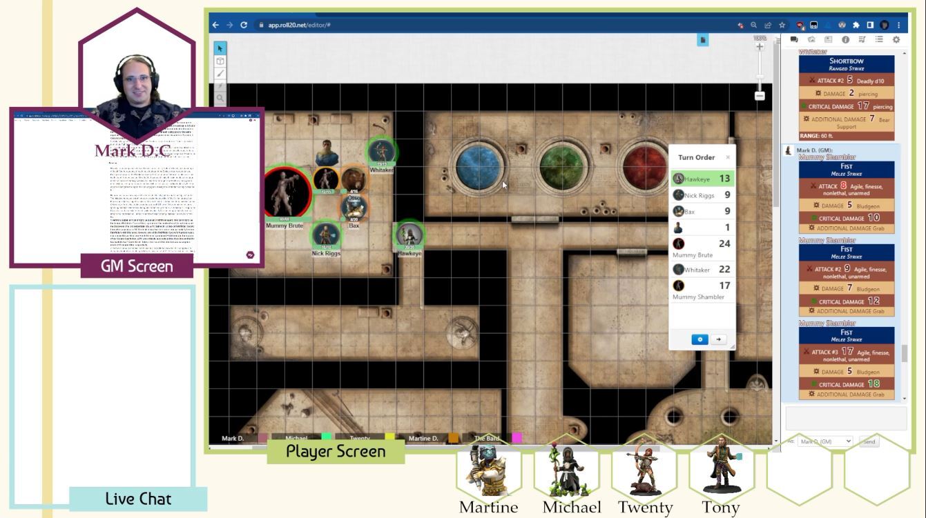 An image from a live stream showing the Lore Link application being used along side Roll20 to run a Pathfinder 2E game