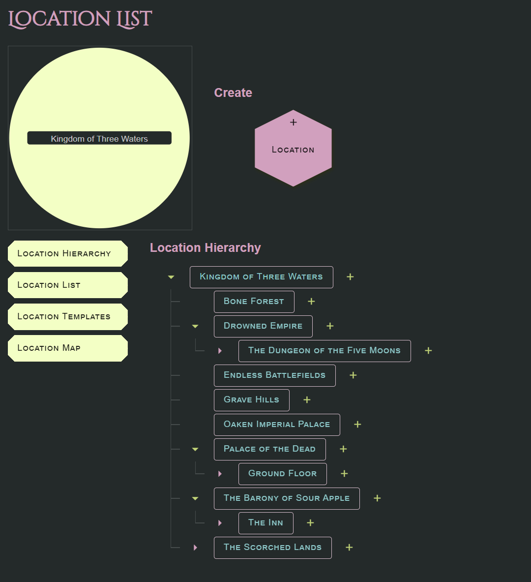 Location List screen in hierarchy view showing the Kingdom of Three Waters with areas of interest such as the Bone Forest and Grave Hills. Three levels of hierarchy are displayed with more levels evident based upon collapsed lore nodes.