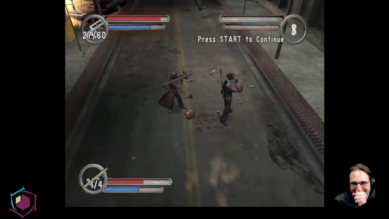 A still from the Hunter: The Reckoning game played on stream, showing one player with a missle launcher out, and pieces of another one of the players scattered around him.