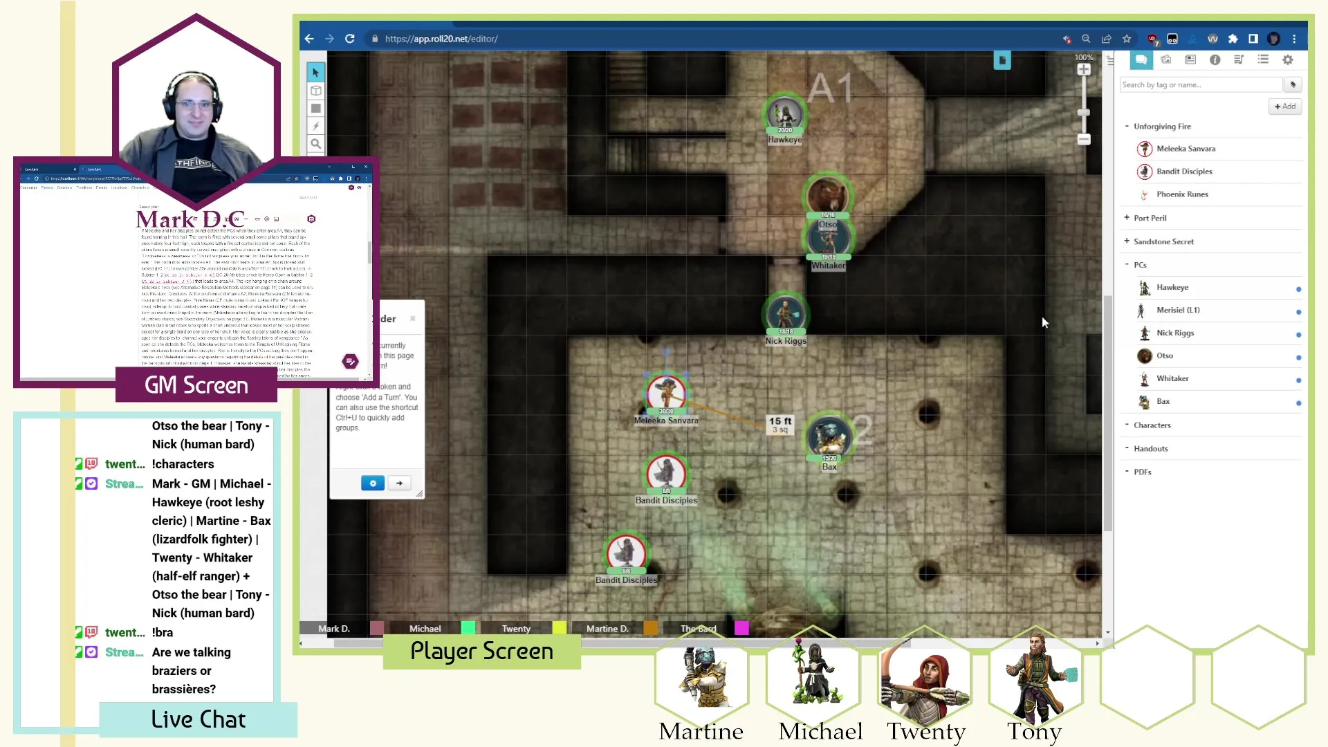 Mark is shown looking on in disbelief while running a Pathfinder 2E game in Roll20. Martine's character Bak is shown to be moving into close combat range with an NPC, while Tony's character Nick stands in the doorway mid-way through an attempt to negotaiate peaceful with said NPC. 