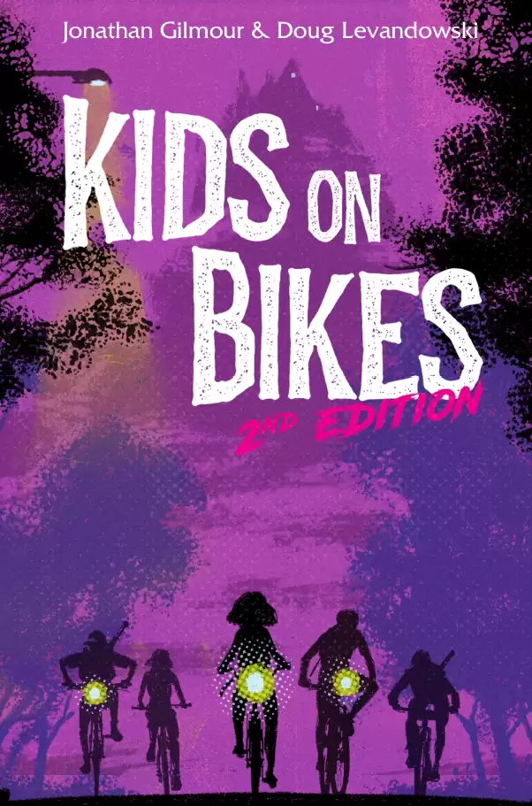 Cover to the Kids on Bikes 2nd Edition rulebook by Jonathan Gilmour and Doug Levandowski. It's in shades of purple, with black shapes of trees on the side, and silhouettes of a group of kids riding bikes towards you.