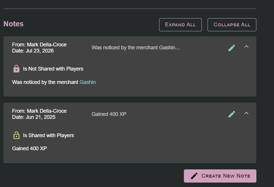 Showing multiple notes attached to Lore. Each note shows the person who created it, the date it was created, a preview of the note text, and its player sharing status.