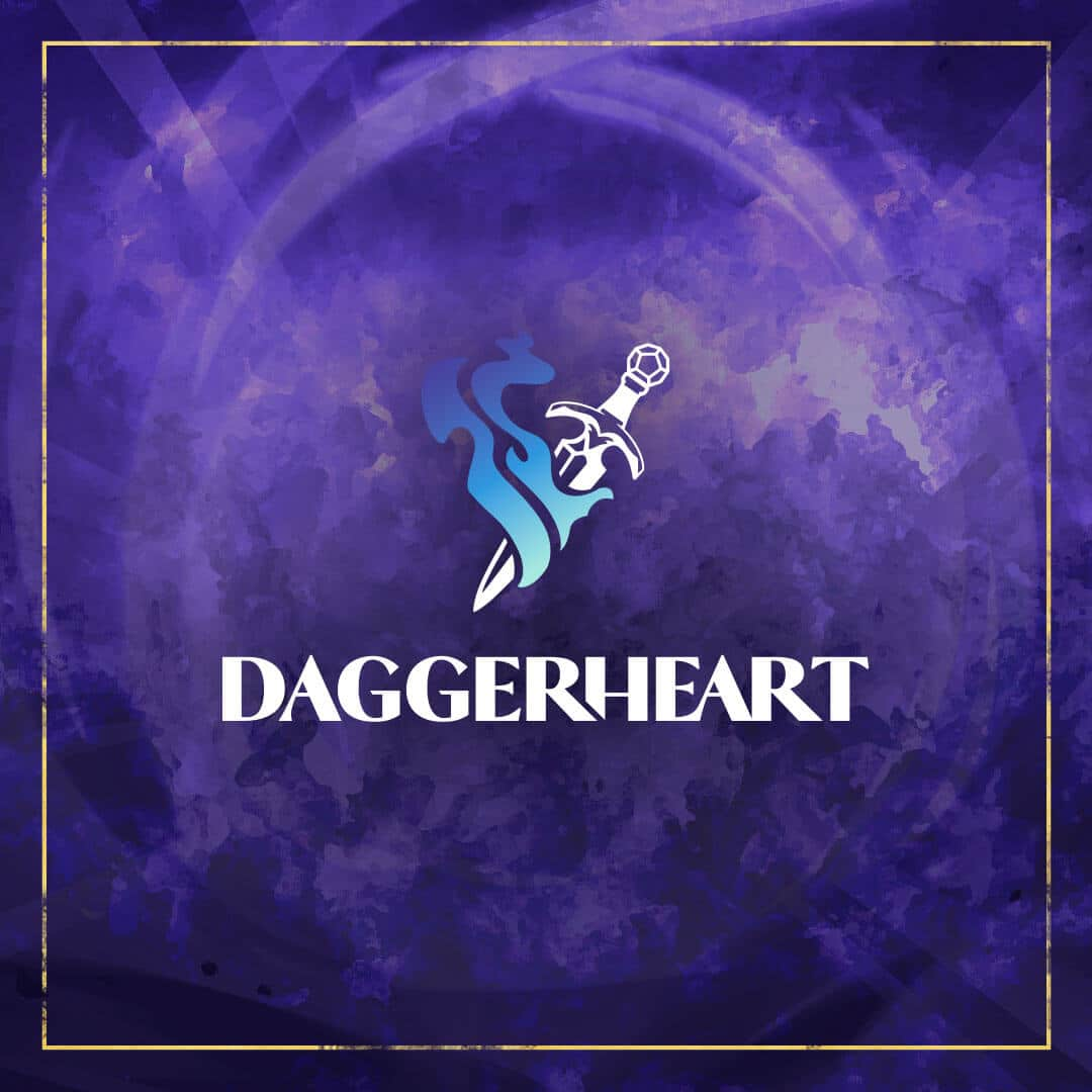 The Daggerheart logo of a dagger crossed with a blue mark, over a faded purple background.