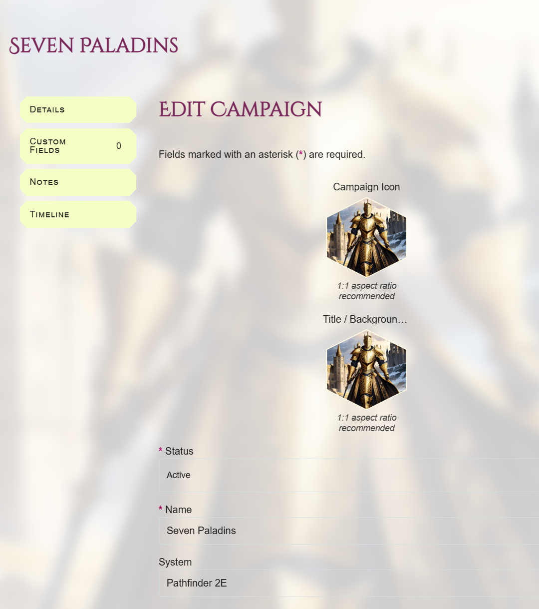Edit Campaign screen showing campaign icon, title image, status, name, and system.