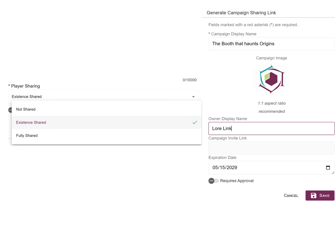 A snip of Lore Link showing how Campaign Sharing works. There's an expiration date, a drop down that lets you share some or all of the info, the display name for the campaign, and the image for the campaign.