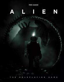 Alien The Roleplaying Game rulebook cover. It is mostly black, with a person in a bulky space suit walking towards the camera in the middle of the cover. Behind them is an Alien Xenomorph, with the segmented tail making a circular frame around the person in the space suit.