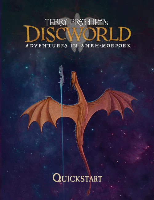 The image has "Terry Pratchett's Discworld: Adventures in Ankh-Morpork" over an image of a turtle.The background is space, in shades of black, purple, and blue dotted in stars. Going up the middle of the image is a large orange dragon and a small silver dragon.